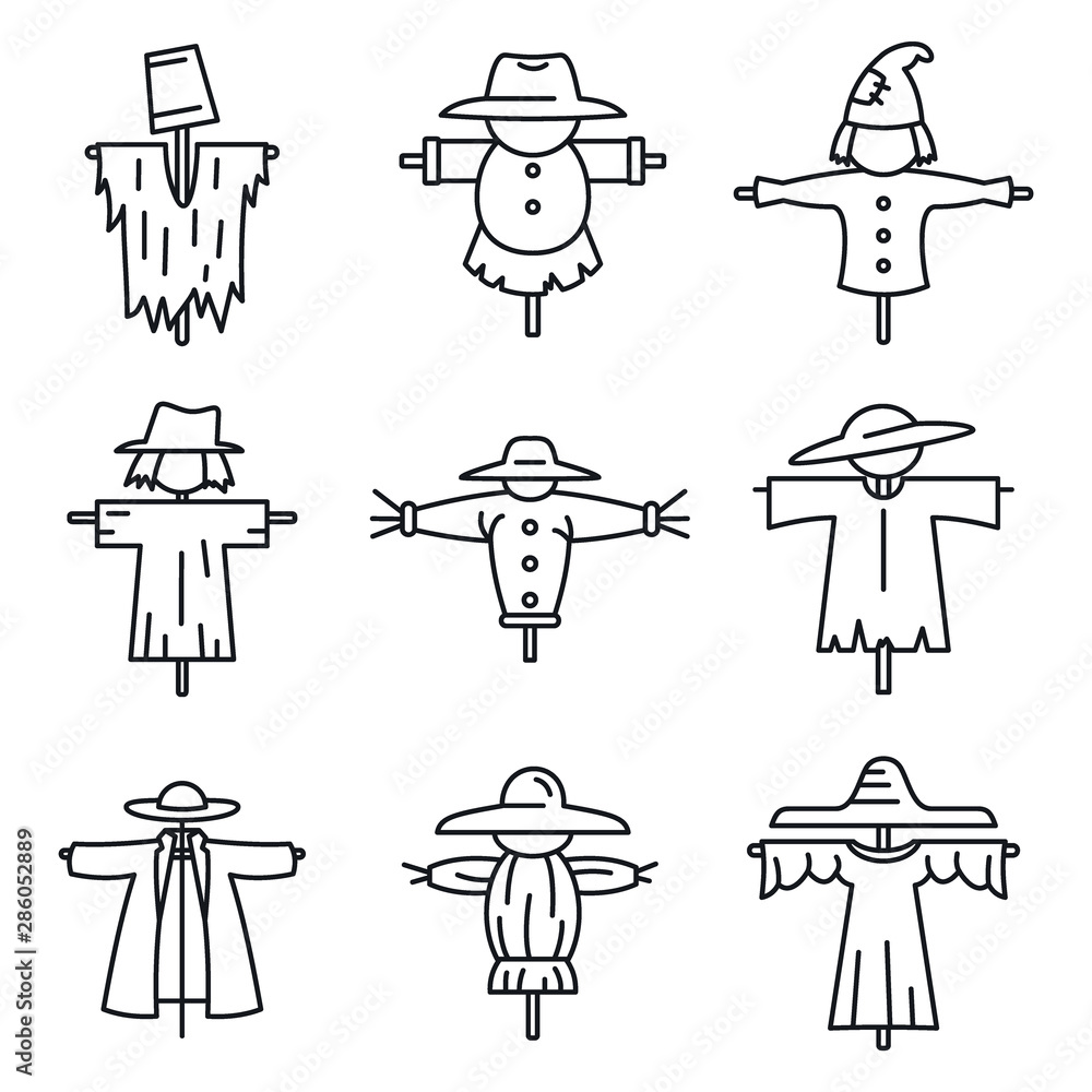 Poster farm scarecrow icons set. outline set of farm scarecrow vector icons for web design isolated on whit