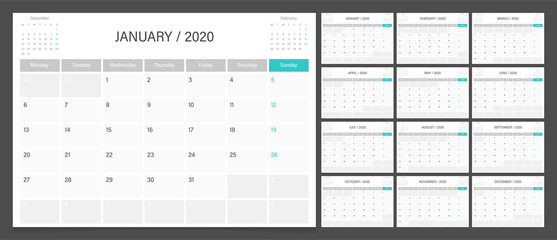 Calendar 2020 week start Monday corporate design planner template. Calendar planner A4 size.