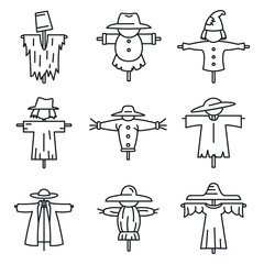 Farm scarecrow icons set. Outline set of farm scarecrow vector icons for web design isolated on white background