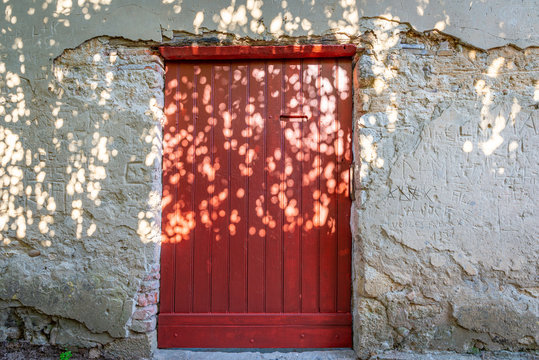 Leaves and branches casting a shadow on a red door, Perouges, France