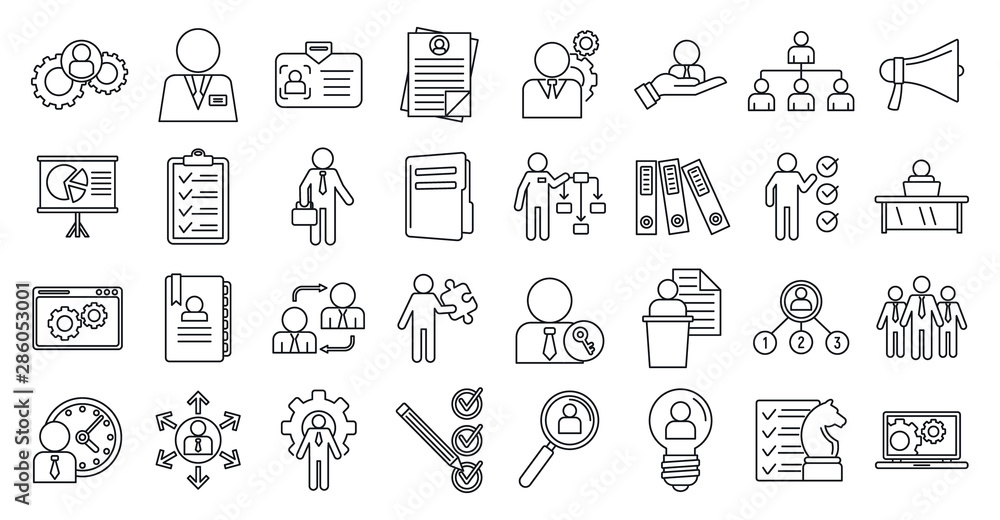 Poster manager icons set. outline set of manager vector icons for web design isolated on white background
