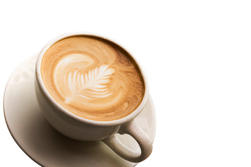 A cup of coffee with latte art on background