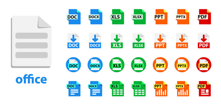 Collection of vector icons. File format extensions icons. XLSx, XLS, DOCx, DOC, PDF, PPTx, PPT Circle buttons flat design style
