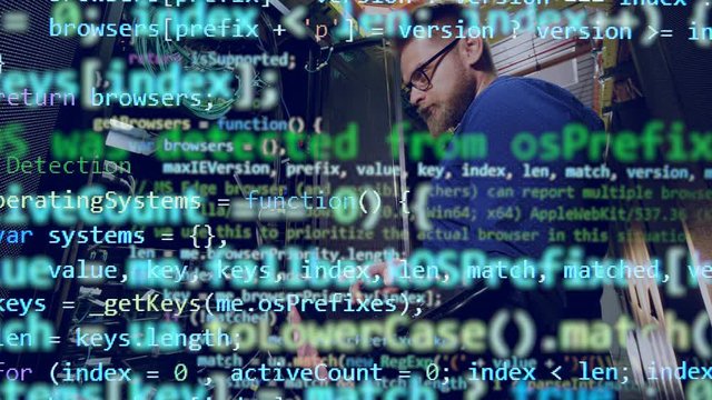 Multiple layers of codes and the male programmer shown beneath them