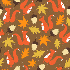 Seamless pattern, squirrels, acorns and leaves, hand drawn overlapping backdrop. Colorful background vector. Illustration with animals. Decorative colored wallpaper, good for printing - 286053247