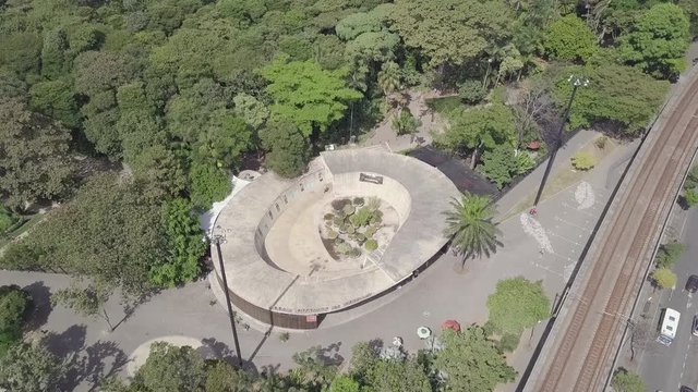 Slow aerial flyover Botanical garden in Medellin, Colombia, Parque Explora, Jardin Botanico