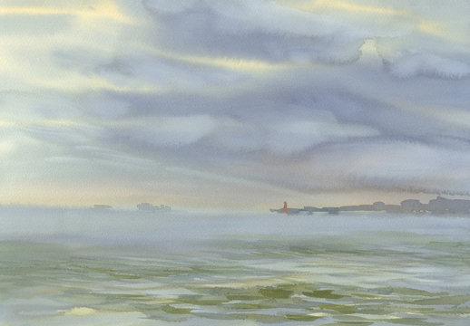 Seascape before the rain watercolor background. Summer vacations