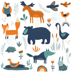 Vector collection of hand drawn forest animals, flowers and plants.