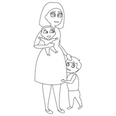 Mother with two children. She holds one in her arms and the other stands beside her. Vector illustration with continuous lines on white background. 