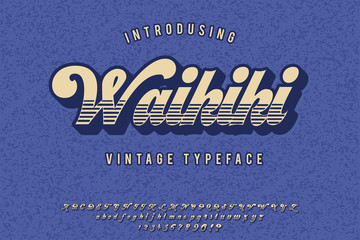 Waikiki. Retro poster. Summer style. Vintage script typeface. Retro 3d font in 80s style. Vintage typography.
