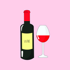 Vector graphics. Simple, beautiful illustration of wine bottle and wine glass. Isolated illustration. Light red background. 