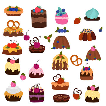 Pastries, bakery, cookies and dessert in cartoon style. Hand drawn vector illustration. 