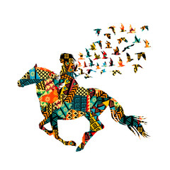 Colorful ethnic motifs pattern of a woman riding with birds