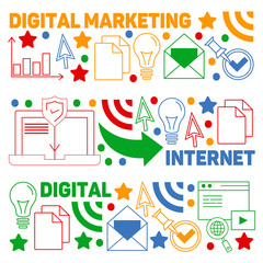 Digital marketing pattern with vector icons. Management, start up, business, internet technology.