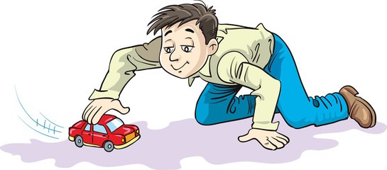 Adult Man playing with toy car.