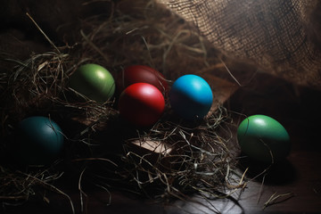 Easter painted eggs on burlap