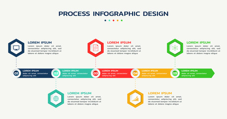 process infographic template. workflow five steps flowchart with hexagons with icons and text