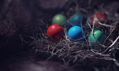 Easter painted eggs on burlap