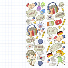 Vector pattern for language class, online courses. English, arabic, italian, japanese, spanish, chinese, german.