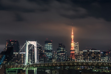 Obraz na płótnie Canvas Panoramic modern city skyline bird eye aerial view of Tokyo bay under rainy night