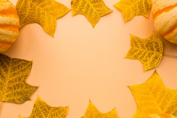 Autumn frame made of pumpkins and fallen leaves on pastel orange background. Fall, Halloween and Thanksgiving concept. Styled stock flat lay photography. Top view. Empty space for your text.