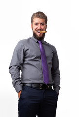 Portrait of a bearded business man with a cigar is pointing in one direction