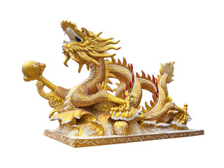 Fototapeta na wymiar Golden Chinese golden dragon statue on white background