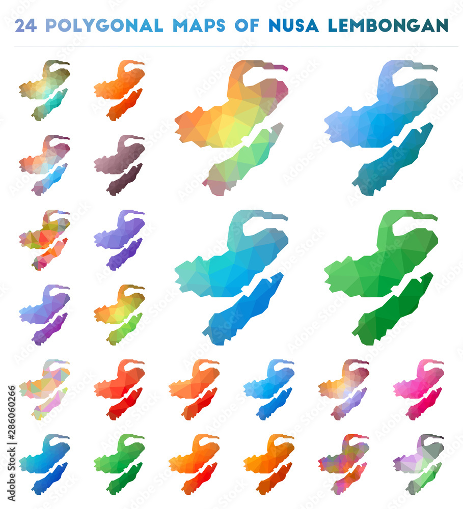 Aufkleber set of vector polygonal maps of nusa lembongan. bright gradient map of island in low poly style. mul