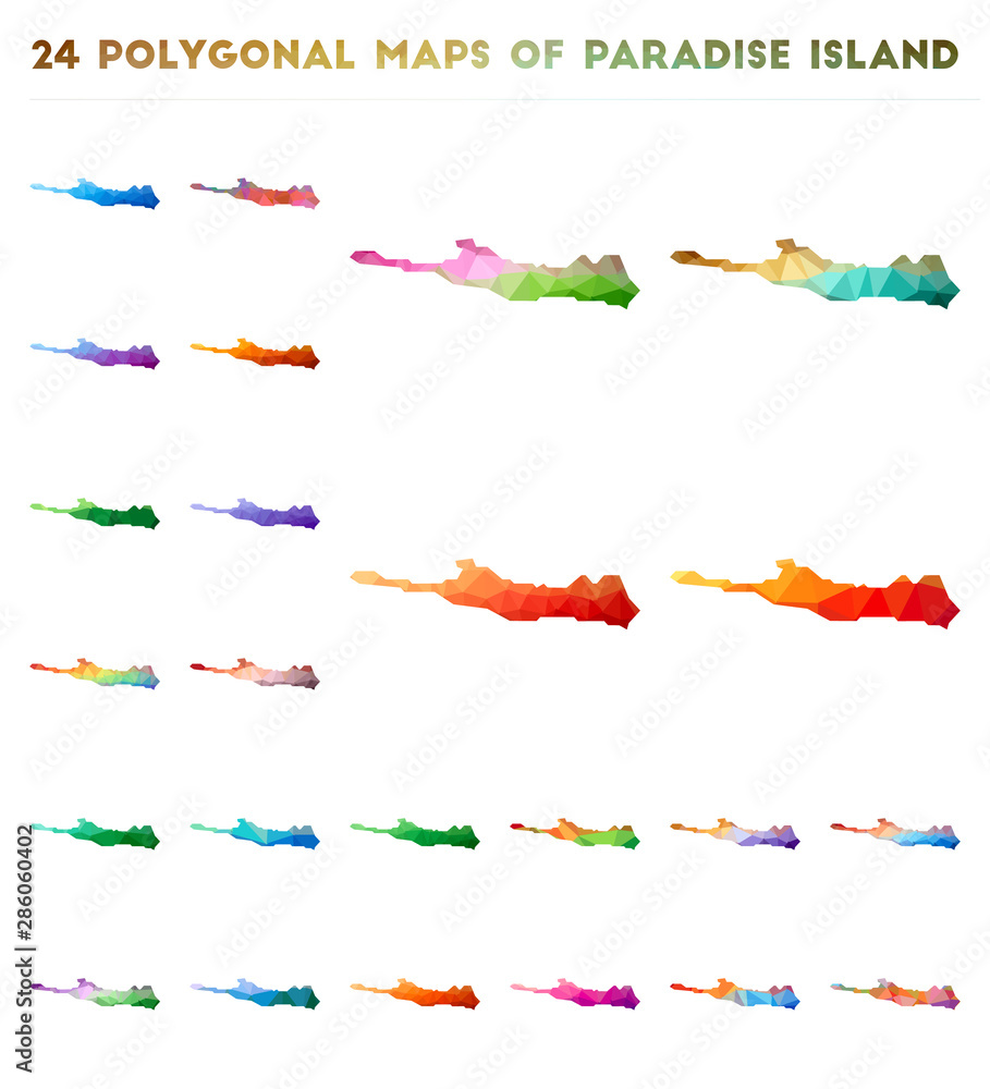 Poster set of vector polygonal maps of paradise island. bright gradient map of island in low poly style. mu