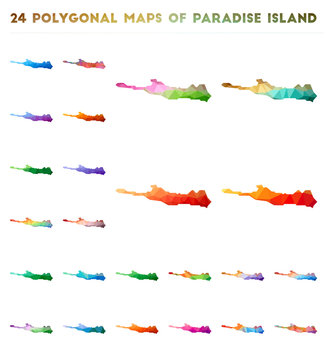 Set of vector polygonal maps of Paradise Island. Bright gradient map of island in low poly style. Multicolored Paradise Island map in geometric style for your infographics.