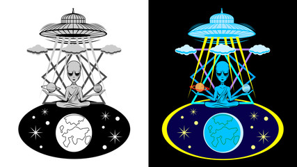 An alien is sitting in the Lotus position.