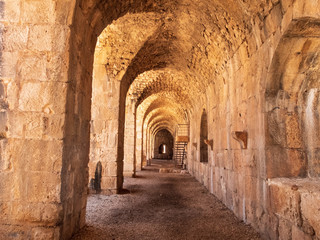 Gallery at the ancient fortress with arched ceilings. Kizkalesi, Mersin province, Turkey