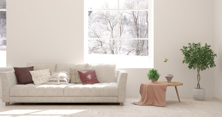 Stylish room in white color with sofa and winter landscape in window. Scandinavian interior design. 3D illustration