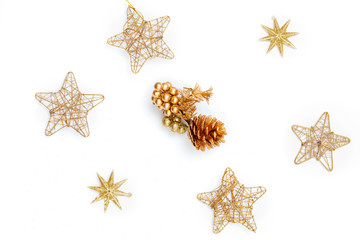 Fototapeta na wymiar Christmas gold stars decorations on white background. Christmas background