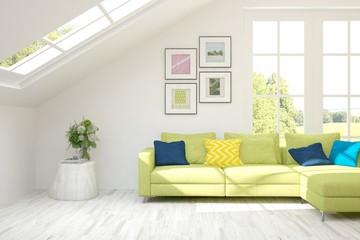 Stylish room in white color with sofa. Scandinavian interior design. 3D illustration