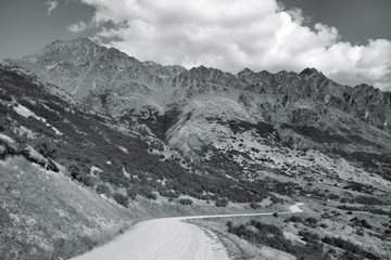 Mountains of New Zealand - Remarkables. Black and white vintage style.