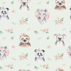 Watercolor Seamless pattern with a baby sloth panda and koala. background cartoon elephant tropical animals © kris_art