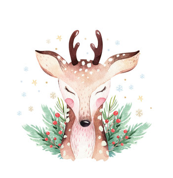 Watercolor cute cartoon deer animal portrait design. Winter holiday card on white background. New year fawn decoration, merry christmas postcard