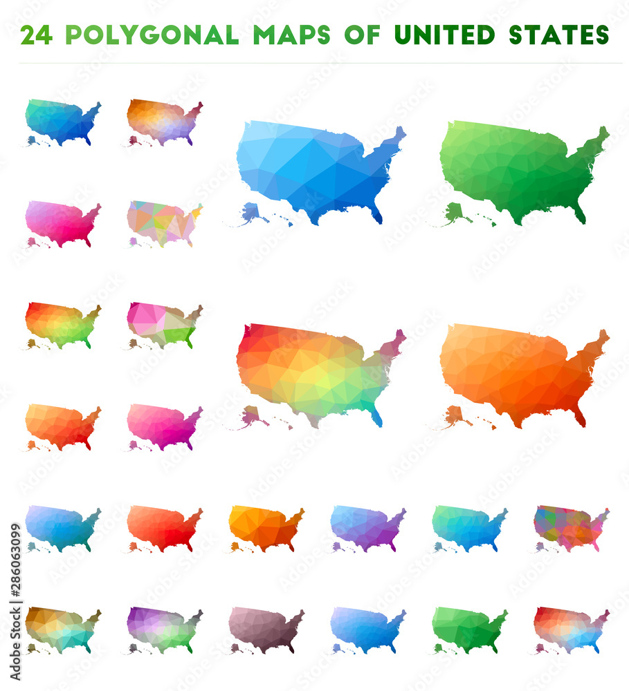 Poster set of vector polygonal maps of the usa. bright gradient map of the country in low poly style. multi