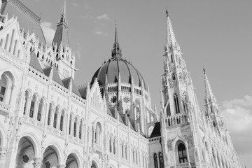 Hungarian Parliament. Black and white vintage style.