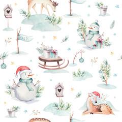 Aquarel naadloze patroon met schattige baby herten, sneeuwpop, konijn en herten cartoon dierlijk portret ontwerp. Winter vakantie beer kaart op wit. Nieuwjaarsdecoratie, vrolijk kerstfeestelement