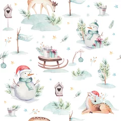 Wall murals Christmas motifs Watercolor seamless pattern with cute baby deer, snowman, bunny and deer cartoon animal portrait design. Winter holiday bear card on white. New year decoration, merry christmas element