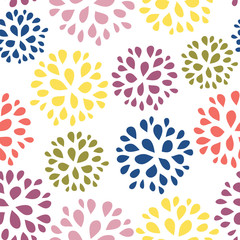 Fototapeta na wymiar Seamless abstract floral pattern illustration. Simple colorful repeating background design with green, yellow, blue, purple flowers for home decor, fabric, gift wrap, wallpaper, card design