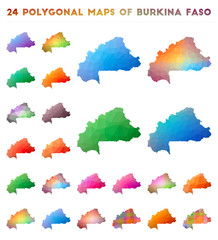 Set of vector polygonal maps of Burkina Faso. Bright gradient map of country in low poly style. Multicolored Burkina Faso map in geometric style for your infographics.