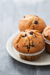 muffins with chocolate on white dish on ceramic background