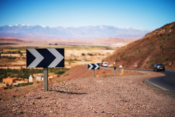 Road sign on the road to Atlas mountain in Morocco.