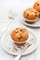 muffins with chocolate on white dish on ceramic background