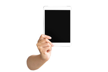 hand holding and showing blank screen tablet isolated on white background with clipping path