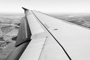 Aircraft wing. Black and white vintage style.