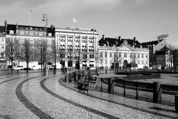 Naklejka premium Denmark - Copenhagen. Kongens Nytorv Square. Black and white vintage style.